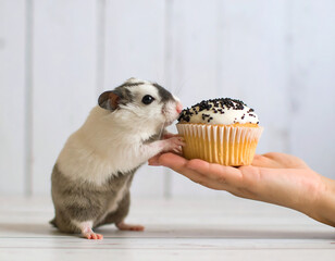 Hamster and Cupcake: A cute hamster approaches a delicious cupcake, a sweet treat offered by a gentle hand, capturing a moment of playful interaction and adorable temptation.