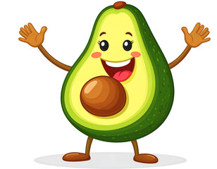 Smiling Avocado Delight: A joyful cartoon avocado with a beaming smile and open arms, conveying a message of fresh, healthy food and happy living.