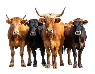 Group of four cattle standing on a plain white background in animal portrait
