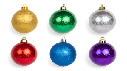 Six Sparkling Glitter Christmas Baubles Arranged in a Two by Three Grid on White Background Gold Silver Red Green Blue Purple Ornaments Festive Decoration Holiday Season Winter