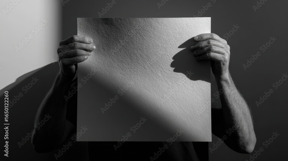 Poster hands holding blank paper with contrasting shadows in a minimalistic black and white setting