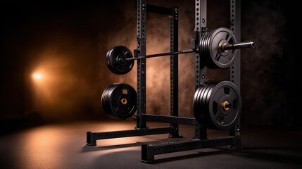 A well-equipped weightlifting rack with heavy plates illuminated in a dramatic gym setting