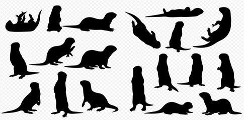 Obraz premium A versatile set of black otter silhouettes in numerous dynamic poses, including standing upright, swimming on their backs, and walking.