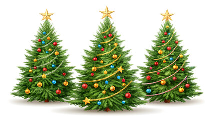 Fototapeta premium Three Decorated Christmas Trees Set Bundle Arranged Against White Background Featuring Green Trees Adorned with Red Blue Yellow Gold Ornaments Gold Stars and Beaded Garlands