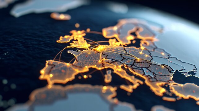 digital map with animated shipping lanes and tariff alerts, Europe-USA import-export visualization