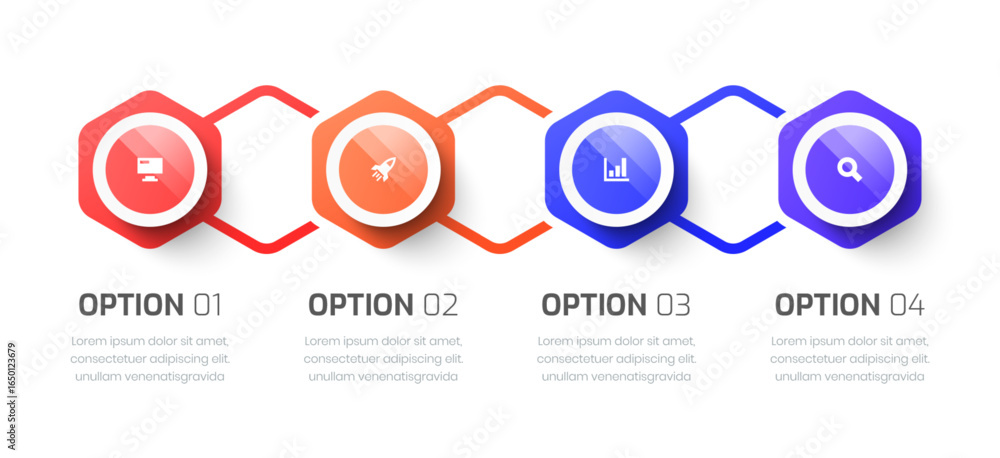 Poster timeline hexagon business infographic template with icon and 4 options for presentation, flowchart