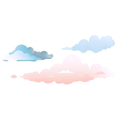 Watercolor illustration of fluffy, colorful clouds floating in a bright, clear sky.