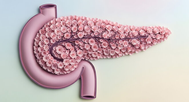 3D illustration of a stylized pancreas covered in pink flowers, highlighting its anatomy.