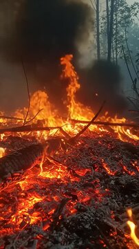 Intense wildfire engulfing forest floor, smoke rising