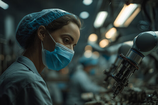 Robot colaborativo (cobot) junto a operaria en f&aacute;brica limpia, EPI correcto, luz industrial difusa
