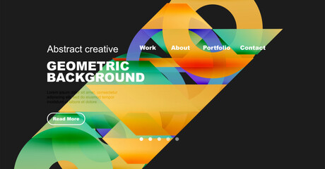 Abstract geometric design. Vibrant colors overlap creating dynamic background. Navigation menu present, text included, button visible.