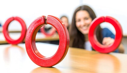 Three red circular objects on a light-colored surface.