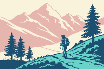 Backpacker hiking on a mountain trail with scenic mountain range background
