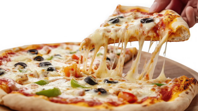 Delicious pizza slice with melting cheese, olives, peppers on transparent background