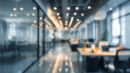 Abstract blurred modern office interior with bright workspace, defocused background of corporate working area, contemporary business environment backdrop for presentation, banner, or professional desi