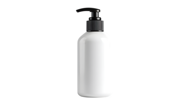 Elegant white dispenser bottle with black pump for cosmetics, lotion, or sanitizing product