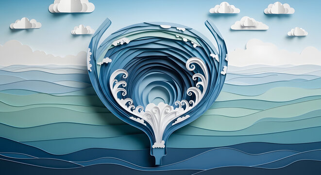 An intricate paper art sculpture of a human bladder filled with swirling blue ocean waves and sea foam.