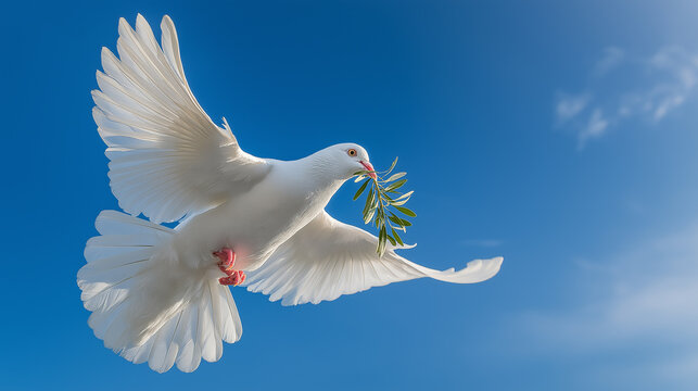 A white dove flies carrying an olive branch, a symbol of world peace, with a bright blue sky as a backdrop.