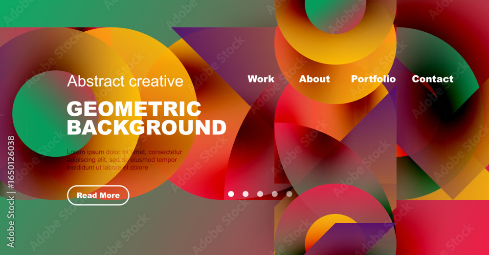 Poster abstract colorful design features overlapping circles, text elements, navigation menu. modern aesthe