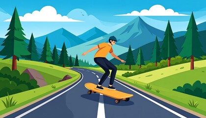 A person skateboarding on a winding road through a lush landscape.