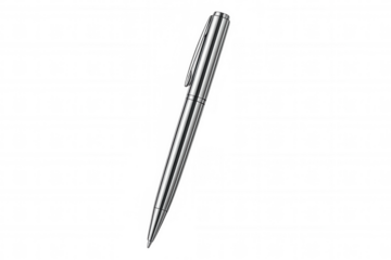 Silver ballpoint pen resting on transparent surface, highlighting sleek design and professional aesthetic for graphic design applications