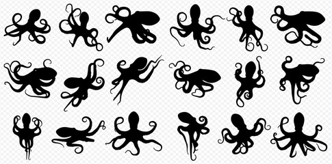 A collection of eighteen black octopus silhouettes in various dynamic poses on a transparent background.