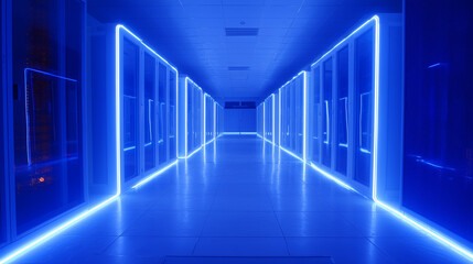 Servidores en data center con LEDs azules, pasillo infinito, 24mm, perspectiva dramática, luz fría, brillos controlados