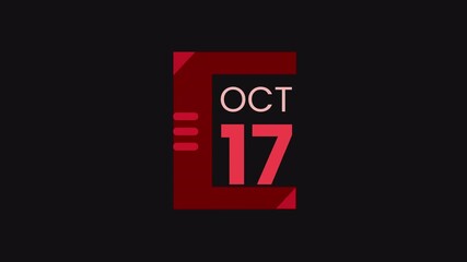 17th October calendar icon animation. Alpha matte with transparent background 4K resolution.