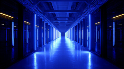 Servidores en data center con LEDs azules, pasillo infinito, 24mm, perspectiva dramática, luz fría, brillos controlados