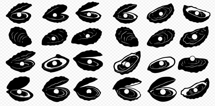 A collection of black silhouette icons of open and closed oyster shells, each containing a single pearl.