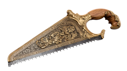 Exquisite antique saw with ornate gold filigree and wood handle, a craftsman's treasure