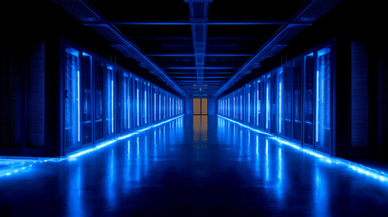 Fototapeta premium Servidores en data center con LEDs azules, pasillo infinito, 24mm, perspectiva dramática, luz fría, brillos controlados