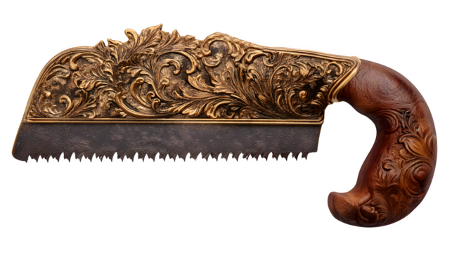 Ornate antique saw with intricate details, showcasing craftsmanship and vintage elegance