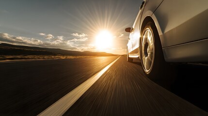 A car speeds down a sunlit highway, capturing the essence of freedom and motion.