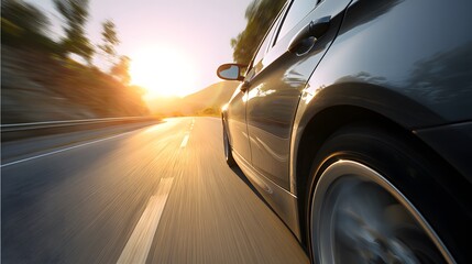 A car speeds down a sunlit highway, capturing the essence of freedom and motion.
