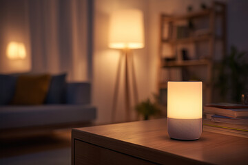 Smart home: asistente de voz y lámparas conectadas en sala moderna cálida