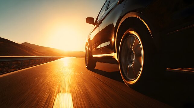 A car speeds down a sunlit highway, capturing the essence of freedom and motion.