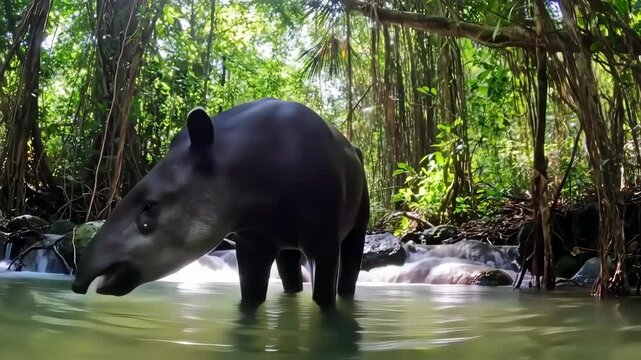 A tapir in a lush rainforest stream