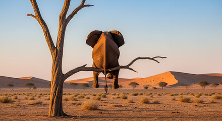 Elephant sitting on a tree branch in a desert landscape
