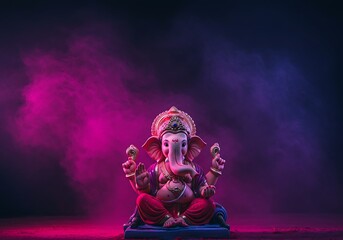Vibrant Ganesha Statue in Artistic Pink and Purple Lighting. Generative Ai