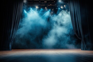 Dramatic Theatrical Stage with Blue Lighting and Smoky Atmosphere Inviting Performers and Audiences for a Captivating Entertainment Experience