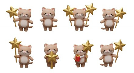 Fototapeta premium Beige cartoon cats holding golden stars