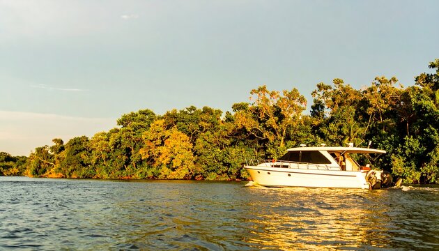 Motorboat on a calm river, lush foliage - Powered by Adobe