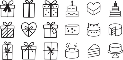 Simple Black Line Art Icons of Gifts and Treats
