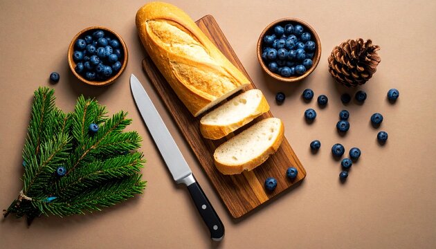 Directly Above Shot Of Sliced Baguette With Blueberries, Pine Cone And Table Knife On Table.