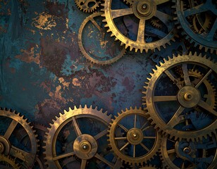 Intricate golden gear arrangement with a rich textural blue rust background
