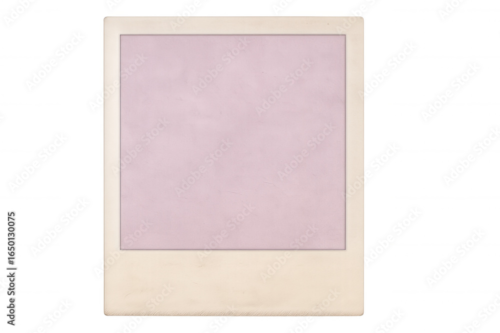Poster old, faded instant photo print with a light purple empty space for your content, isolated on transpa