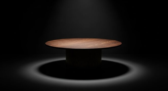 A round wooden table with a dark wooden base and a light-colored wooden top, illuminated by a single spotlight in a dark room.
