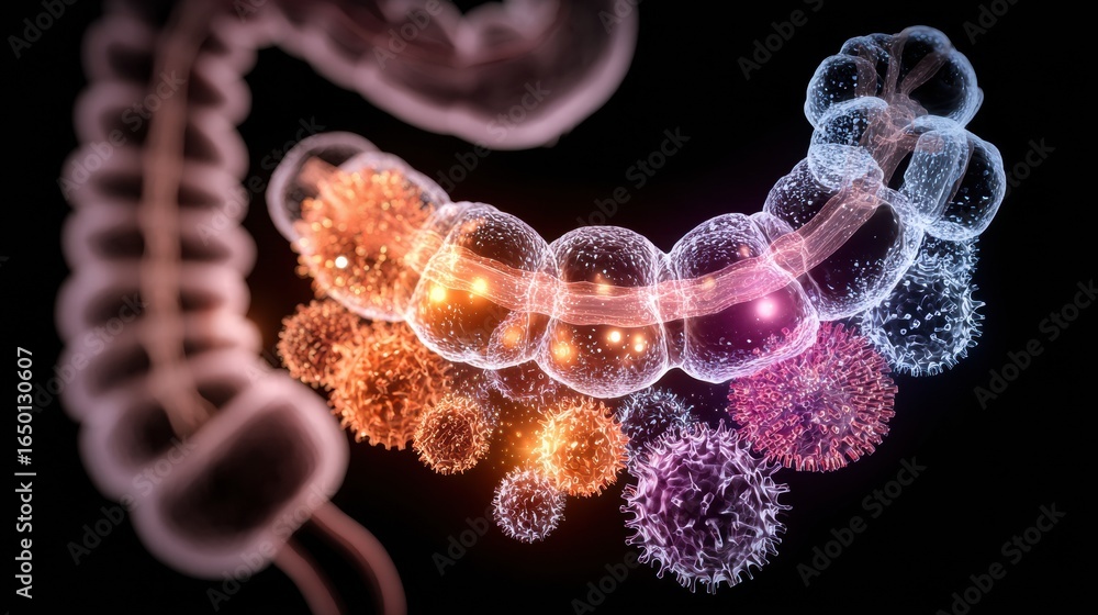 Poster visualization of microorganisms interacting within the human digestive system showcasing complex bio