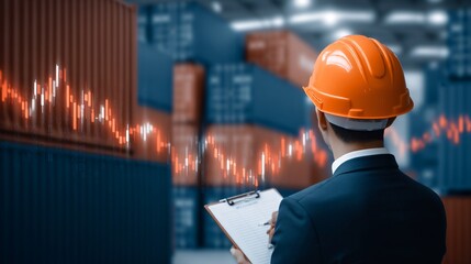 logistics manager checking cargo manifests, warehouse with stacked containers, financial charts overlay